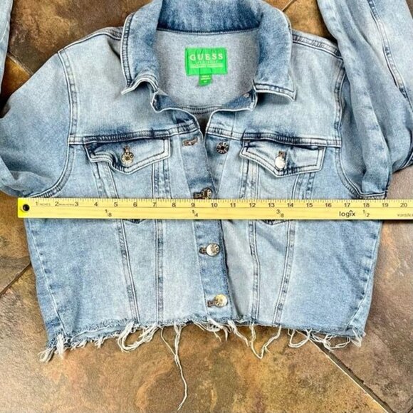 Guess Cropped Denim Jacket Raw Hem Medium - Picture 8 of 9